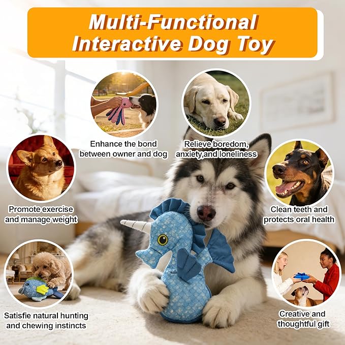 Recycled Canvas Seahorse Squeaky Dog Toy for Chewers Puppy Teething Chew Toy Cute Hippocampus Stuffed Animal Durable Interactive Dog Squeak Toy for Small Medium Large Dogs Toy Gift 29cm/11.42in