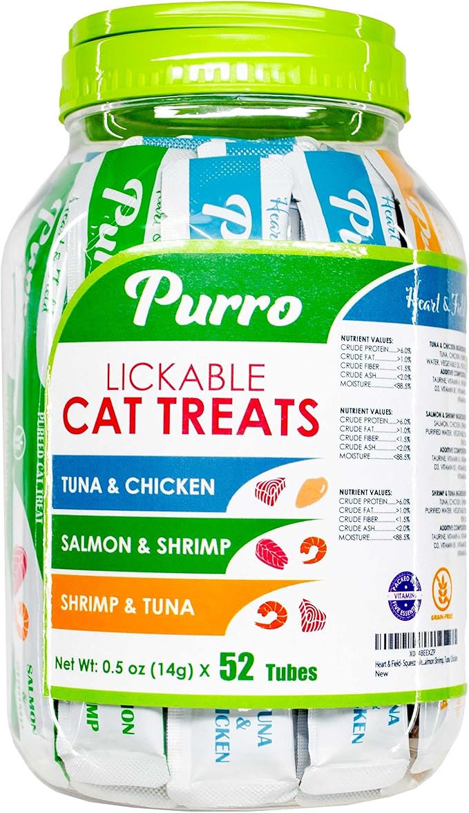 Heart & Field Purro Cat Treats, Squeezable Lickable Variety Pack, Tuna Shrimp, Salmon Shrimp, Tuna Chicken, 52 Count