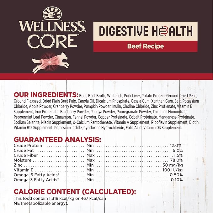 Wellness CORE Digestive Health Pate Adult Canned Wet Dog Food, Grain Free, Sensitive Stomach, Natural, Beef Recipe, 13 oz, Pack of 12 Cans
