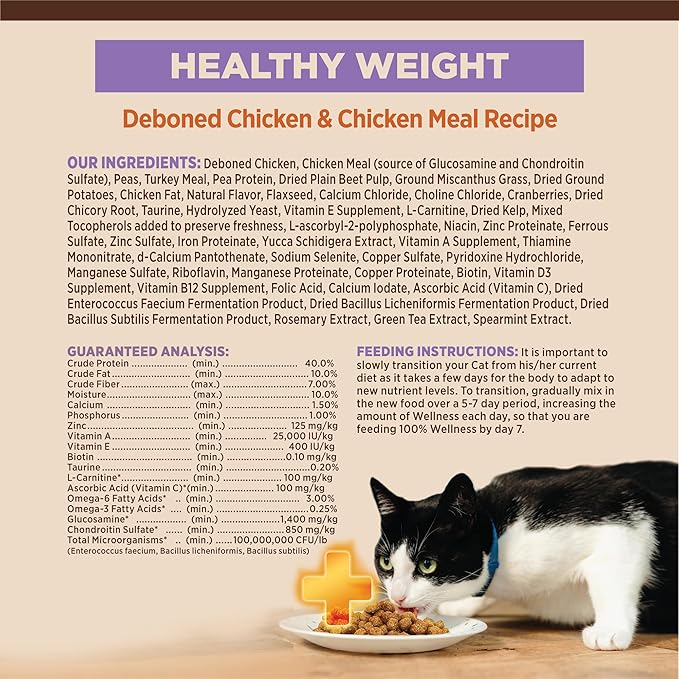 Wellness CORE+ Healthy Weight Adult Dry Cat Food, Natural, Grain Free Kibble, Chicken Recipe, 4.75 lb Bag