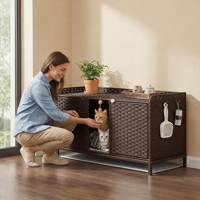 Cat Litter Box Enclosure Furniture, Handwoven Rattan Cat Houses, Hidden Cat Washroom Furniture with Door/Mat, Large Space Cat Houses with S-Shaped Hooks, Living Room, Bedroom, Brown