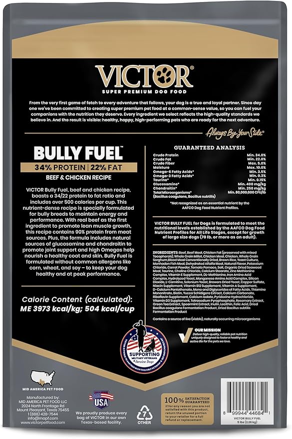 VICTOR Bully Fuel Dry Dog Food, 5 lb – Real Beef First Ingredient, High-Calorie Formula for Lean Muscle, Glucosamine & Chondroitin for Joint Health, Omega 3 & 6 for Skin & Coat