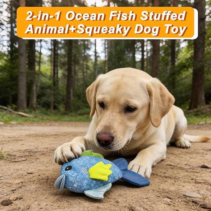 Recycled Canvas Fish Squeaky Dog Toy for Chewers Puppy Teething Chew Toy Cute Funny Blue Stuffed Animal Durable Interactive Dog Squeak Toy for Small Medium Large Dogs Toy Gift 27cm/10.63in