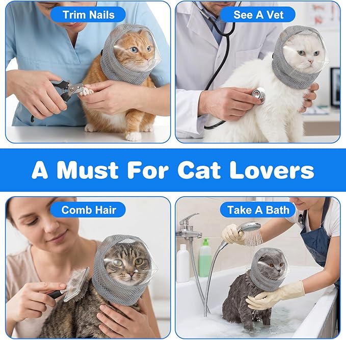 Adjustable Cat Muzzle for Grooming Biting Prevention Breathable TPU Cats Pet Head Cover Cats Helmet for Grooming with Transparent Anti-Bite Bubble Muzzle for Nail Trimming Bathing Vet Visits(M)