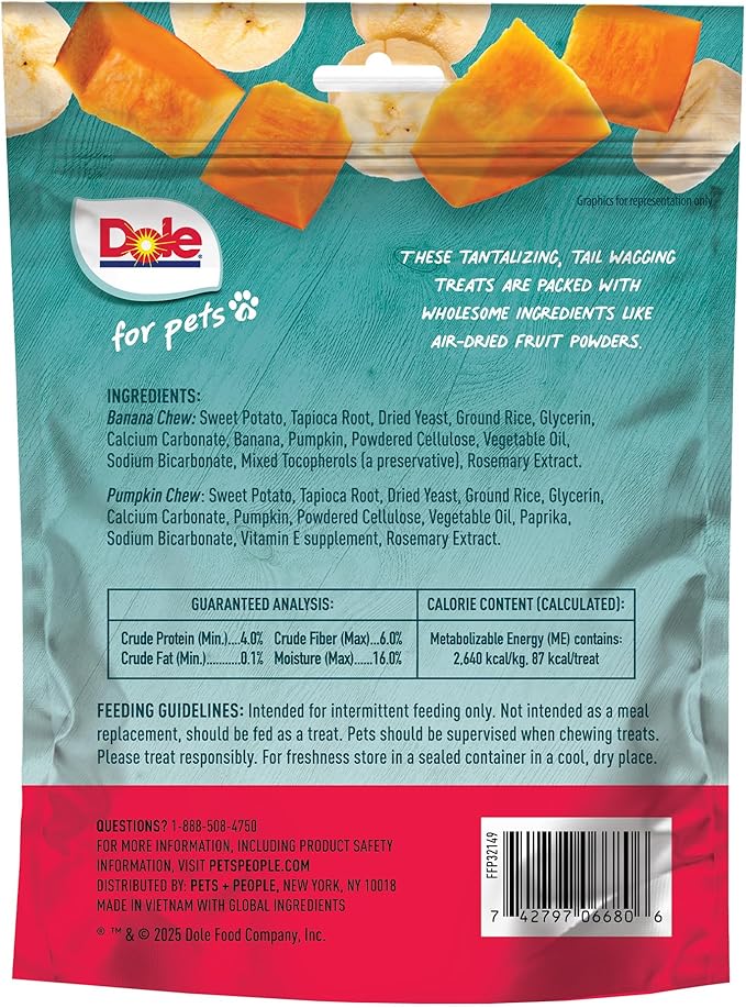 Dole for Pets Freshly Fetched Dog Chews with Banana and Pumpkin Flavor, No Wheat Corn Soy Artificial Flavors Colors or Preservatives, Chewy Center Firm Texture, 7.5 Oz