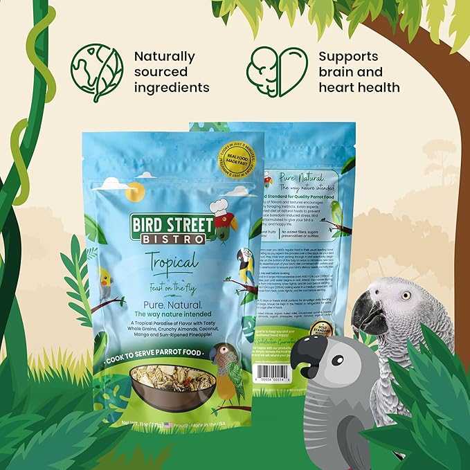 Bird Street Bistro Parrot Food - Parrot Food - Cooks in 3-15 min w/Natural Grains, Legumes, Non-GMO Fruits, Vegetables & Health-Oriented Spices.