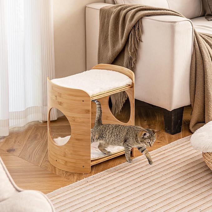 PETSITE 2-Tier Indoor Bamboo Cat Bed, Boho Cat Condo with Double Cat Beds, Removable & Washable Cushions, Minimalist Kitten Bed for Indoor Cats, 16 x 13 x 16 inch