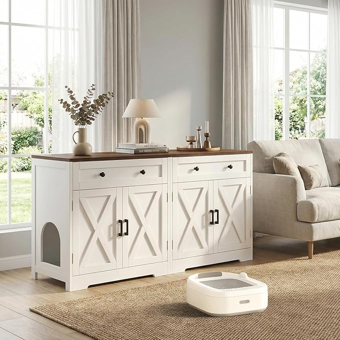 Cat Litter Box Enclosure with Storage Drawers, Hidden Litter Box Wooden Furniture, Modern Farmhouse Indoor Cat House, Multifunctional Side Table, White