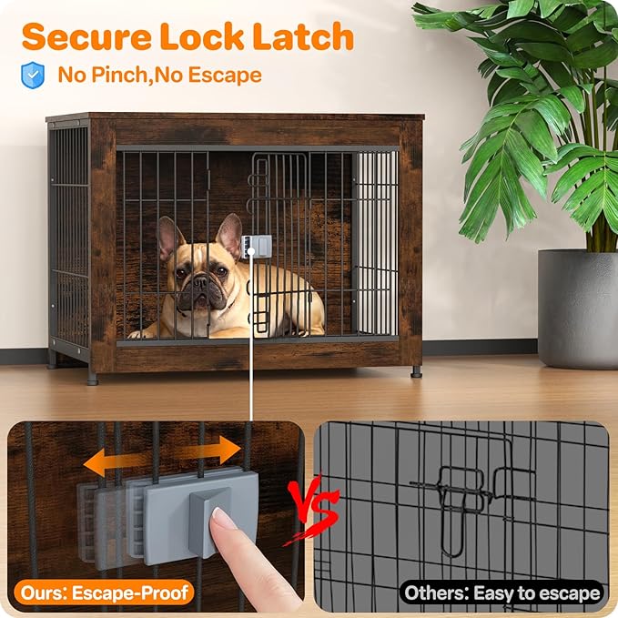 Escape Proof Decorative Dog Crate Furniture with Wooden Top, 32in Furniture Style End Table and Secure Indoor Kennel, Anti Anxiety for All Breeds, Aged Black