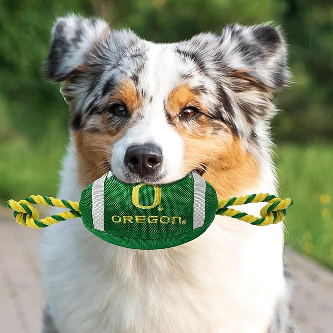 NCAA Oregon Ducks Football Dog Toy, Tough Quality Nylon Materials, Strong Pull Ropes, Inner Squeaker, Collegiate Team Color