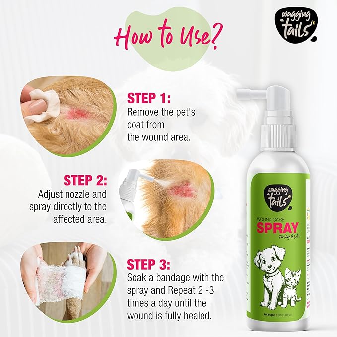 Wagging Tails Wound Care Spray for Dogs & Cats|Fast Healing for Minor Cuts,Scrapes,Hot Spots,Rashes|Soothes Skin Irritation & Insect Bites|Lick Safe,Repair Wound|3.38 oz