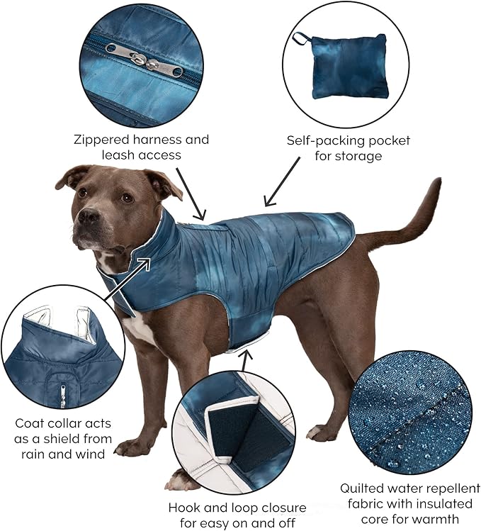 Furhaven Water-Repellent & Reversible Medium Dog Coat, Washable & Reflective w/ Leash Access, Pocket, & Carry-On Purse - Puffer Dog Jacket - Blue Watercolor, Medium