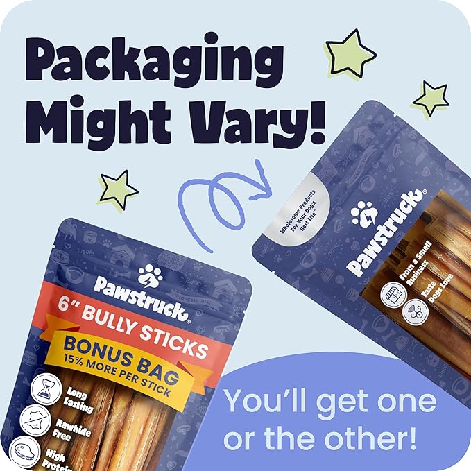 Pawstruck Bully Sticks for Dogs 6"" Long Lasting Rawhide Free Dental Chews Single Ingredient 100% Real Beef Pizzle Dog Treats 5-Pack Bonus Bag Low Odor Premium Quality