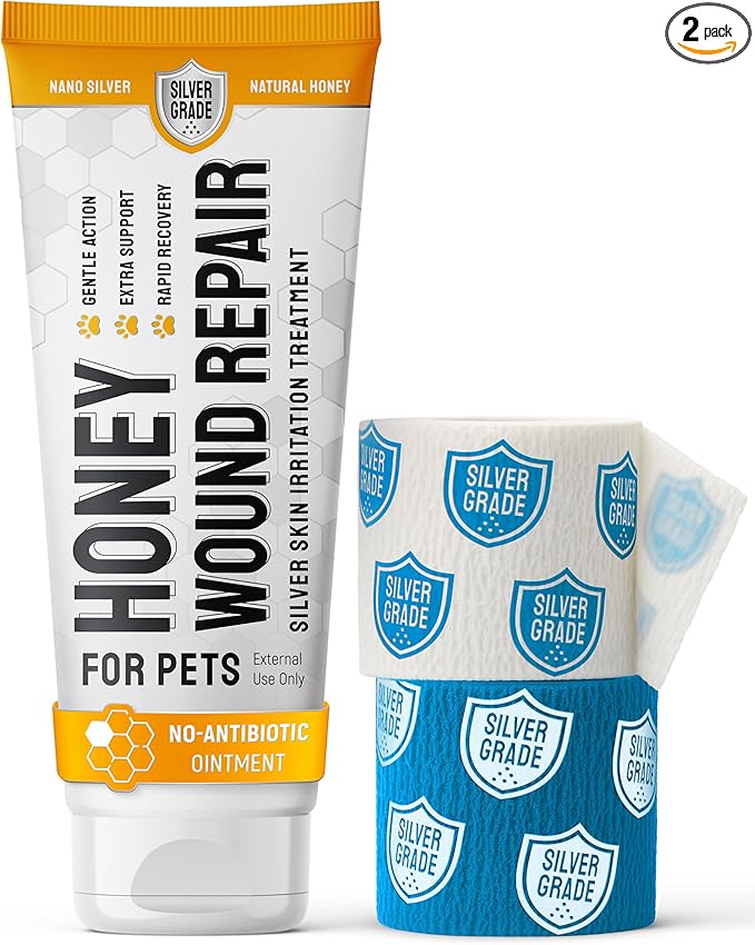 Hot Spot Treatment For Dogs & Cats to Help with Scratches, Cuts, Bites – Set of Honey Wound Repair Ointment in Gel Form + 2 Bandages – Horse & Dog Wound Care with Silver & Honey – All Pets Care – 2 Oz