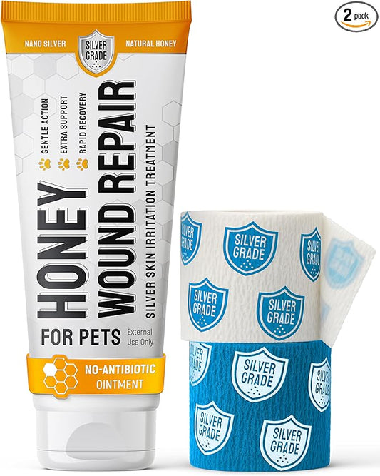 Hot Spot Treatment For Dogs & Cats to Help with Scratches, Cuts, Bites – Set of Honey Wound Repair Ointment in Gel Form + 2 Bandages – Horse & Dog Wound Care with Silver & Honey – All Pets Care – 2 Oz