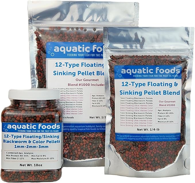 12-Type Ultra Mix of 1mm, 2mm, 3mm Floating & Sinking California Blackworm and Intense Coloring Pellets for All Tropical Fish & Pond Fish...1/4-lb Bag