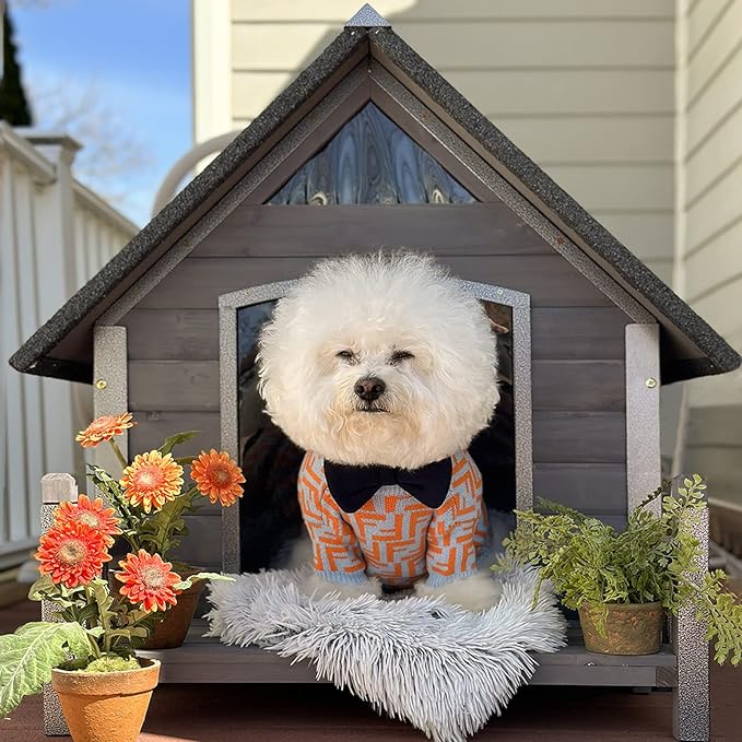 Dog House with Anti-Bite Metal Iron Frame Outdoor Wooden Dog Kennel Indoor Puppy Shelter for Small Medium Large Dogs Weatherproof(Grey)