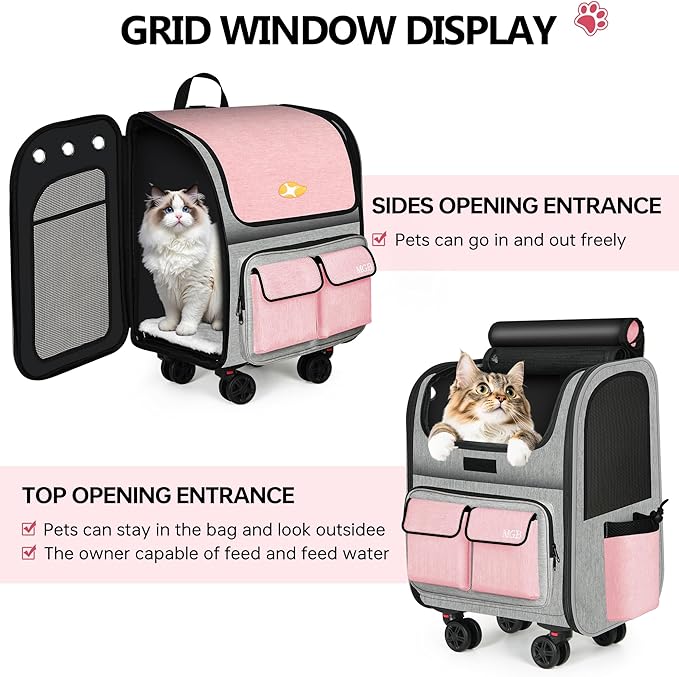 MGB Large Pet Carrier, Foldable Rolling Dog Carrier with Removable Wheels, Cat Rolling Bag 21.3"x15"x12.2" for 2 Cats & 1 Dog for Travel, Outdoor, Vet Visits, Camping, Indoor. Pink. (Not for Airline)
