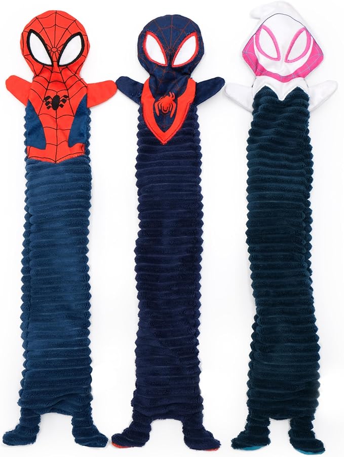 ZippyPaws Marvel Skinny Peltz Bulk 3-Pack - Spider-Man, Miles Morales, & Spider Gwen - No Stuffing Squeaky Dog Toys, Unstuffed Chew Toy for Small & Medium Breeds, Flat Puppy Toys Multi-Pack of 3