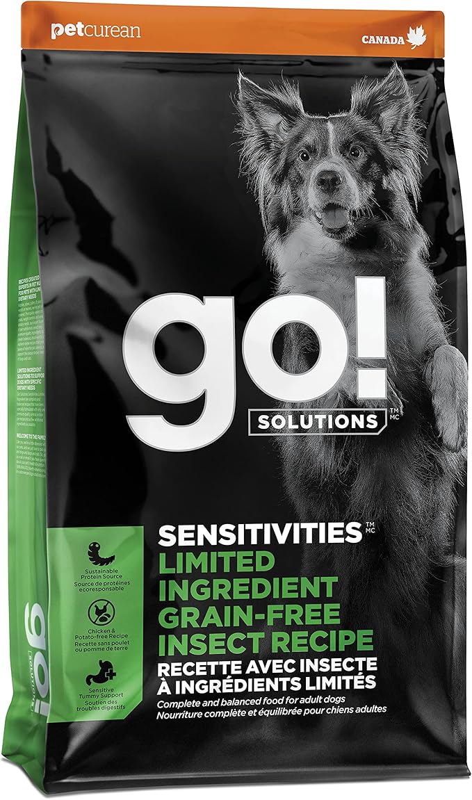 Go! Solutions Sensitivities Limited Ingredient Insect Grain-Free Dry Dog Food, Chicken-Free Kibble Made by Experts for Sensitive Stomachs & Food Allergies, for Puppies, Adults, & Seniors, 12 lb Bag