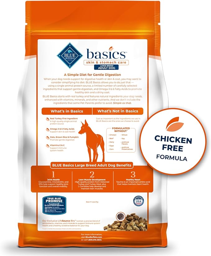 Blue Buffalo Basics Large Breed Adult Dry Dog Food, Skin & Stomach Care, Limited Ingredient Diet for Dogs, Turkey Recipe, 24-lb Bag