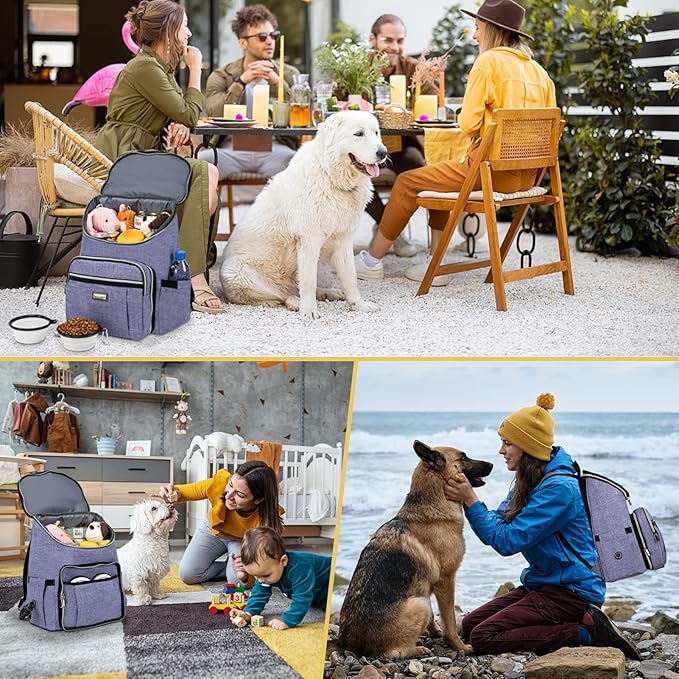 BAGLHER Travel Dog Backpack - Detachable Travel Dog Food Container for Pet Supplies Dog Gear Backpack,Dog Bag for Traveling with 2 Silicone Collapsible Bowls and 2 Food Baskets Purple
