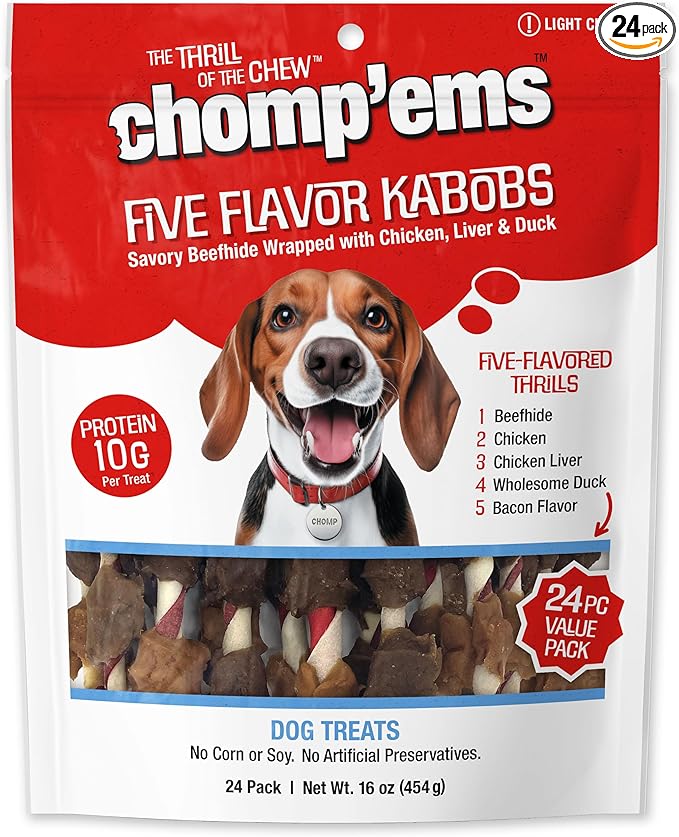 CHOMP 'EMS Five Flavor Kabobs Dog Treats - Beefhide Chewstick - High Protein Dog Chews, 24 Count, 16 oz,454g