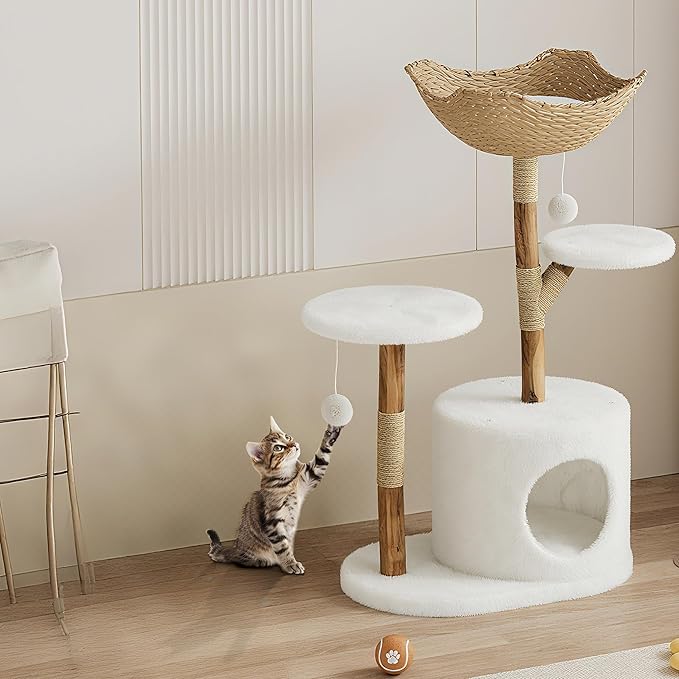 Real Wood Modern Cat Tree Tower, Cat Scratching Post with Bed for Indoor Cats with Natural Wicker Condo, Aesthetic Tree Stand, Boho Luxury Pet Furniture Two Platform