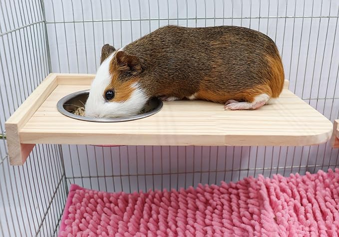 Chinchilla Wooden Platform Set with Feeding Bowl, Wooden Guinea Pig Cage Platform, Small Animals Perch Stand Board, Cage Accessories for Hamster Rats Squirrel Gerbil Birds Parrots Parakeets Guinea Pig