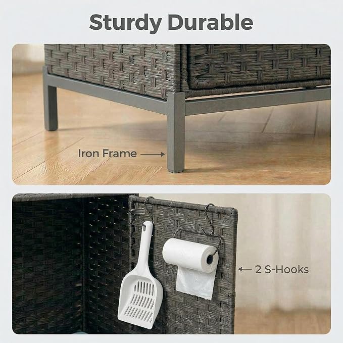 Cat Litter Box Enclosure Furniture, Handwoven Rattan Cat Houses, Hidden Cat Washroom Furniture with Door/Mat, Large Space Cat Houses with S-Shaped Hooks, Living Room, Bedroom, Gray