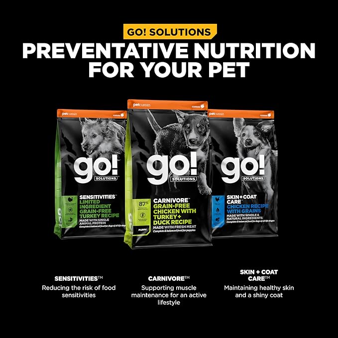 Go! Solutions Carnivore Chicken, Turkey + Duck Grain-Free Dry Puppy Food, Our Highest-Protein Kibble Made with Real Meat & Fish, Pumpkin & Probiotics for Good Digestion, 3.5 lb Bag