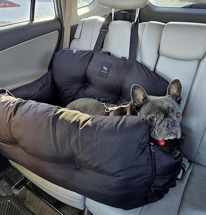 JACKO & CO Premium Dog Car Seat – Safe & Cozy Travel Bed Carrier for Small Dogs, Puppies, Pets, Clip-On Leash, Storage Pockets, Water-Resistant, Machine Wash (Black, Standard Medium (25-40 lbs))