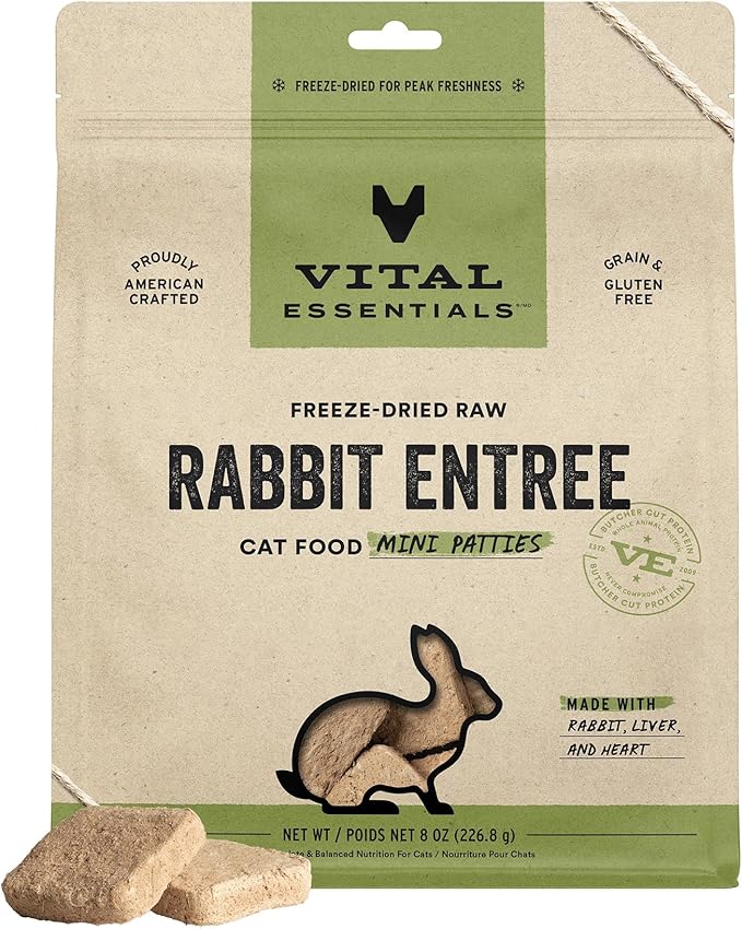 Vital Essentials Freeze Dried Cat Food, Raw Rabbit Mini Patties | Complete Meal or Topper | Easy to Portion and Rehydrate | High Protein, Grain Free Dry Cat Food | 8 oz Bag