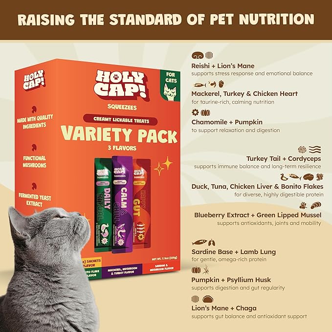 Variety Pack Grain-Free Lickable Cat Treats, 15 Squeezable Purée Tubes (0.5 oz Each), Daily Ritual, Happy Gut & Calm & Chill Flavors, Creamy Cat Purée with Clean Ingredients