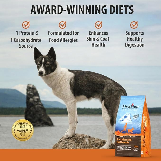 FirstMate Dry Dog Food – Limited Ingredient Australian Lamb Meal Formula – Grain Free, Grass Fed-Single Protein Lamb Meal Recipe with Potatoes & Berries – 25 lb Bag