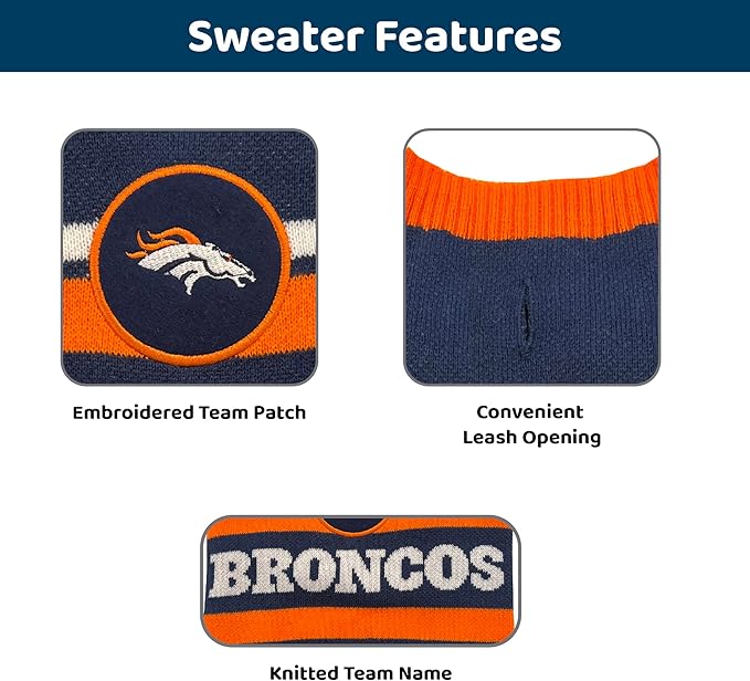 Pets First NFL Denver Broncos Dog Sweater, Size Extra Small. Warm and Cozy Knit Pet Sweater with NFL Team Logo, Best Puppy Sweater for Large and Small Dogs, Team Color (DEN-4179-XS)
