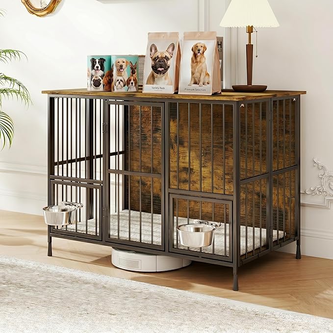 Hadulcet Foldable Dog Crate Furniture, 41'' No Assembly Indoor Dog Kennel with Storage Top, Wooden Dog Crate Table for Small to Medium Dogs, Furniture Style Dog Cage with 2 Bowls Rustic Brown