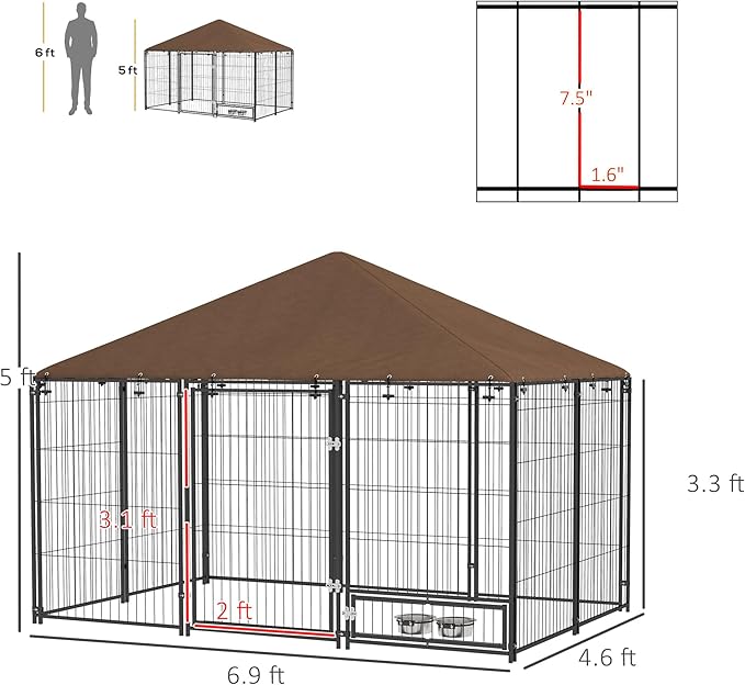 PawHut Outside Dog Kennel, 6.9' x 4.6' x 5' Puppy Play Pen w/Canopy, Secure Lock, Heavy Duty Welded Wire Steel, Rotating Bowl, Garden Playpen Fence Crate Enclosure Cage for Dogs Chickens Ducks, Black