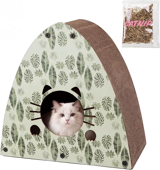 CSR1006E Koko 19" Modern Cardboard Triangle Cat Cave Scratcher with Catnip, Mint/Green, 2-in-1 Corrugated Cat House Hideaway & Scratching Board, Durable Furniture Protector