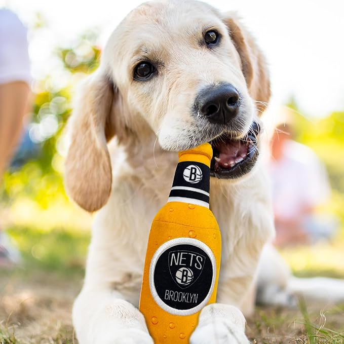 NBA Brooklyn Nets Beer Bottle Plush Dog & CAT Squeak Toy - Cutest Stadium SODA Bottle Snack Plush Toy for Dogs & Cats with Inner Squeaker & Beautiful Basketball Team Name/Logo