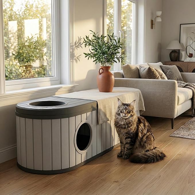 Large Cat Litter Box Enclosure with Hidden Cat Bed, 2-in-1 Resin Cat House Furniture with Flip-Top Lid & Dual-Way Swing Door, Multi-Functional Side Table Bench for Living Room, Easy-Clean Odor Control