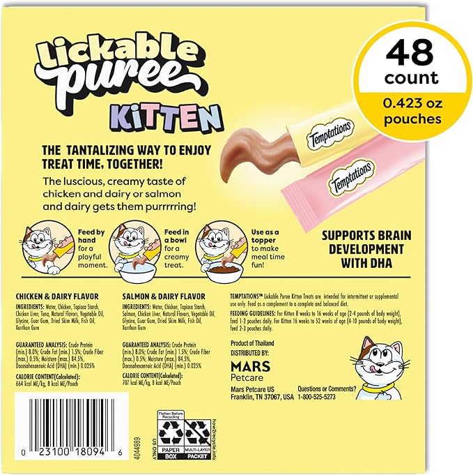 Temptations Puree Kitten Treats Lickable, Chicken and Salmon Variety Pack, 48 Pouches
