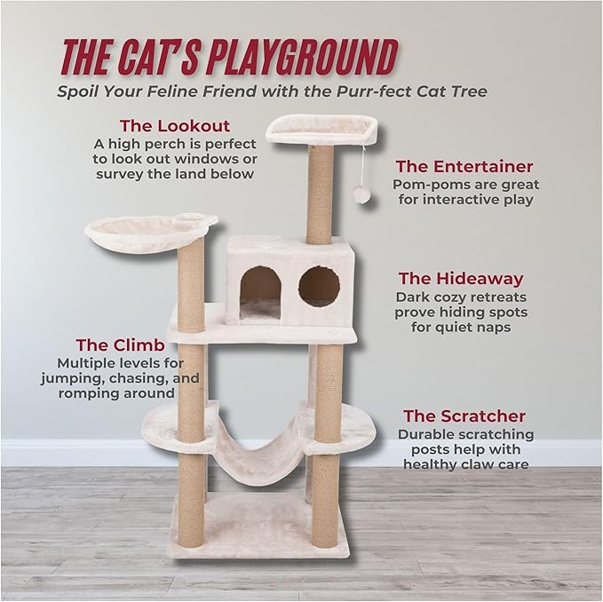 TRIXIE Federico 56" Cat Tower, Indoor 4-Level Cat Furniture with Jute Scratching Posts, Plush Condo, Platforms, Hammock, Toy on a String, Greige