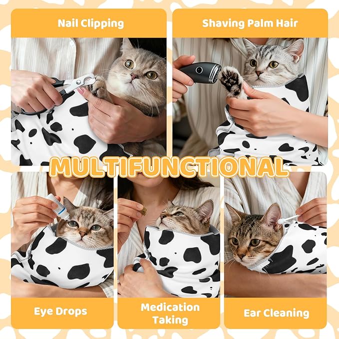 27.6" Cat Grooming Wrap for Cutting Nails, Cow Pattern Self-Adherent Fabric Wrap for Cats, Anti-Scratch Anti-Escape Multifunctional Cat Swaddle Tool for Teeth Brushing, Ear Cleaning