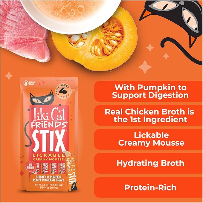 Tiki Cat Friends Stix Mousse Treats, Single Serve Lickable Treat or Dry Food Topper, with Chicken & Pumpkin in Gravy, 1.6 oz. Pouch