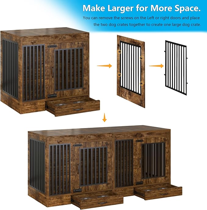 yookare Rustic Brown Heavy Duty Furniture Dog Crate, Wood and Metal Kennel Cage, Pet House End Table with Drawer and Pull-Out Design, Dog Home for Indoor use, Medium Size