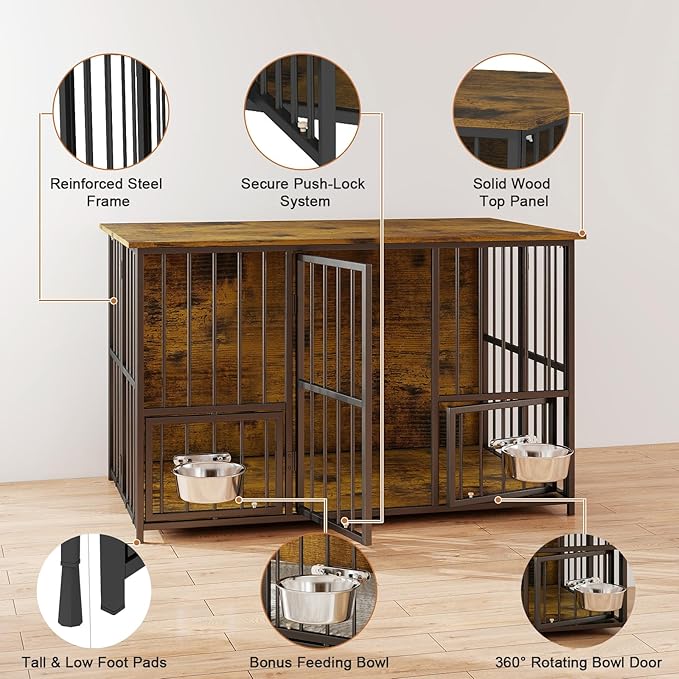 Hadulcet Foldable Dog Crate Furniture, 41'' No Assembly Indoor Dog Kennel with Storage Top, Wooden Dog Crate Table for Small to Medium Dogs, Furniture Style Dog Cage with 2 Bowls Rustic Brown