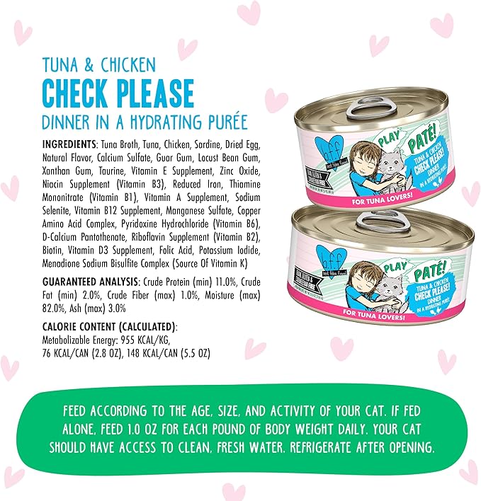 Weruva B.F.F. Play - Best Feline Friend Paté Lovers, Aw Yeah!, Tuna & Chicken Check Please! with Tuna & Chicken, 5.5oz Can (Pack of 8)