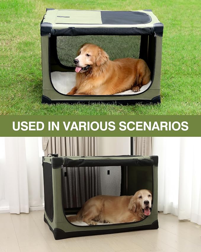 30 x 21 x 21 Inch Collapsible Soft Dog Crate for Dogs Up to 50 lbs, Portable Travel Pet Kennel with 4 Zip Doors, Foldable Indoor Outdoor Crate with Mat, Carry Bag, Green