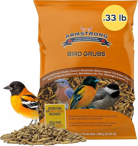 Armstrong Bird Grub Dried Black Soldier Fly Larvae, 0.3 Pounds - High-Calcium, Natural Mealworm Alternative for Orioles, Bluebirds, & Chickadees - Ideal for Outdoor Feeders